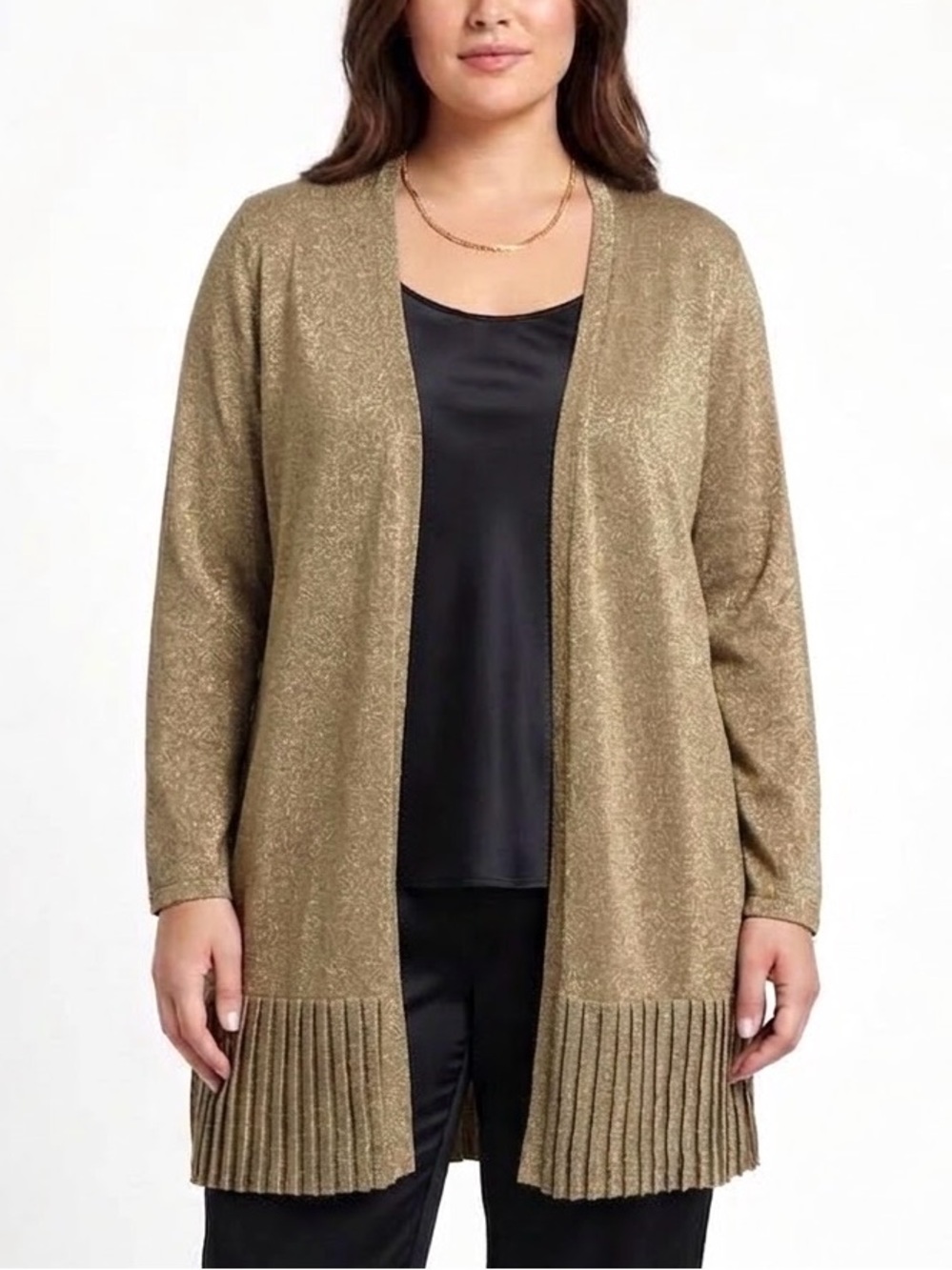 Chico's Gold Metallic Open Front Knit Cardigan Size 2 Large Pleated Hem Duster